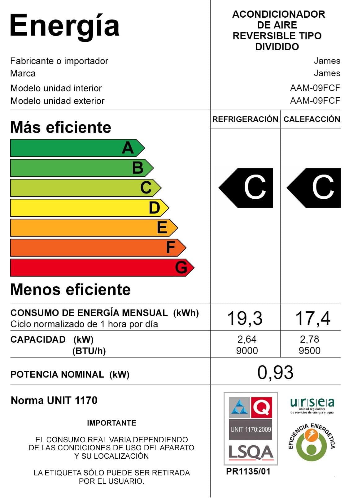 Aire Acondicionado James AAM-09 FCF 9000 Btu Clase C