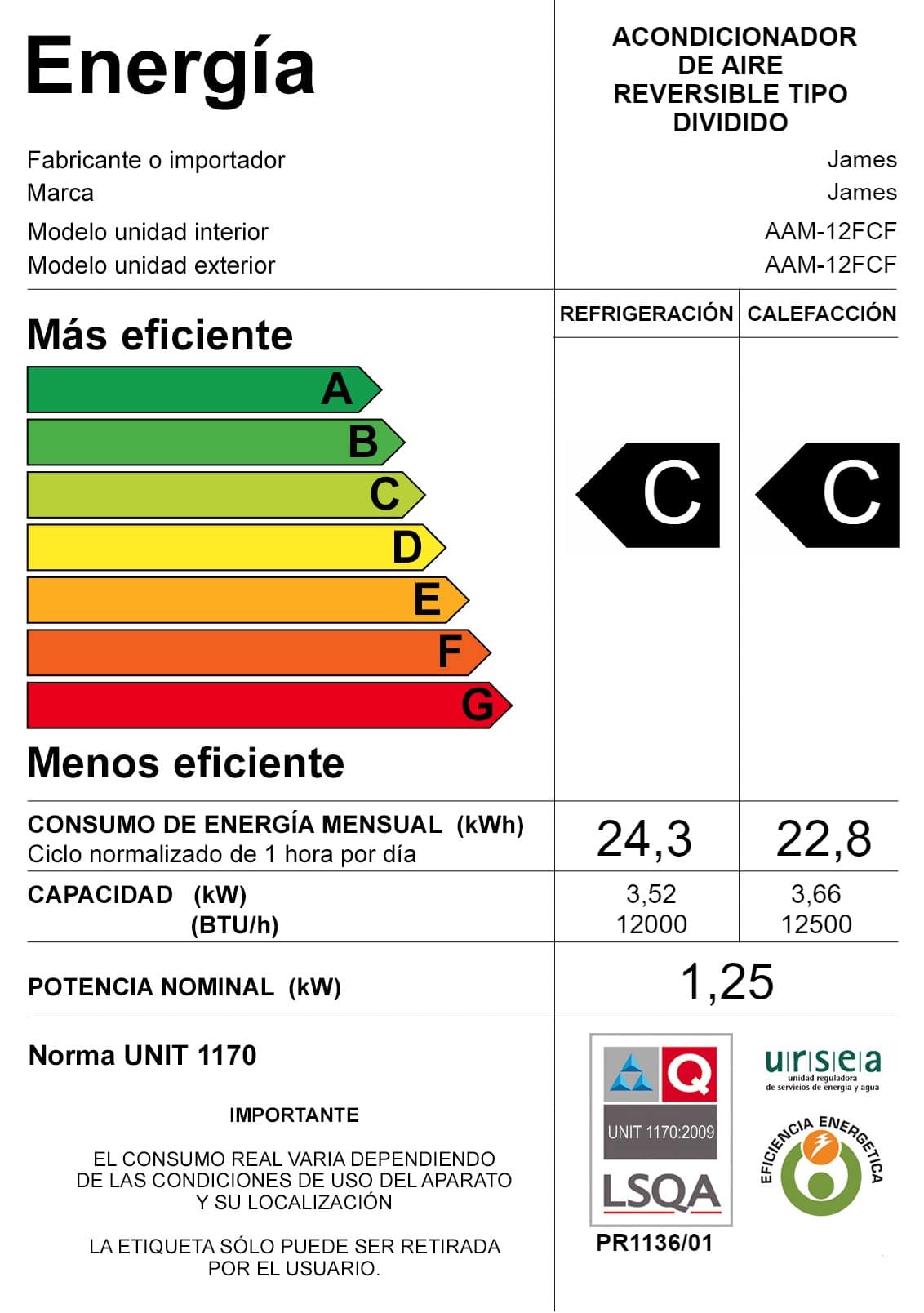 Aire Acondicionado James AAM-12 FCF 12000 Btu Clase C