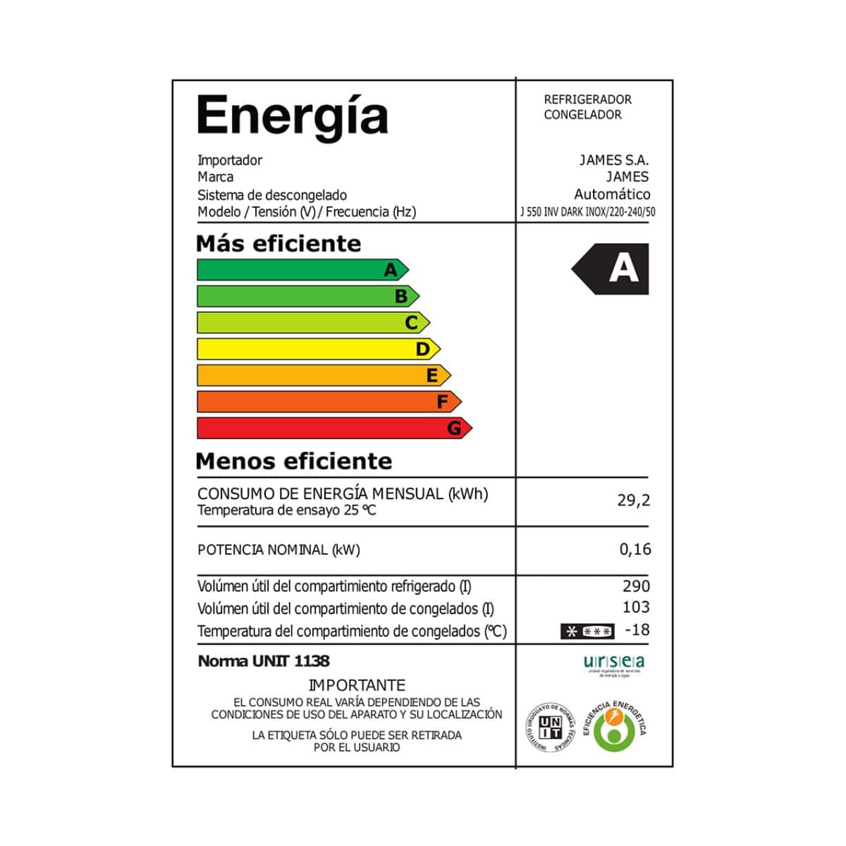 Refrigerador - Heladera James Inverter 432 Lts J 550 INV DARK Inox