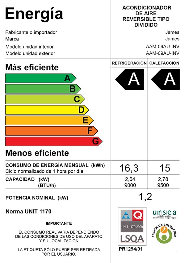 Aire Acondicionado James INVERTER 9000 Btu Clase A Con WIFI
