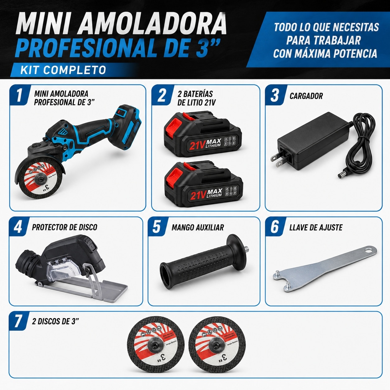 Mini Amoladora Profesional 3" + 2 baterias + cargador +Hojas