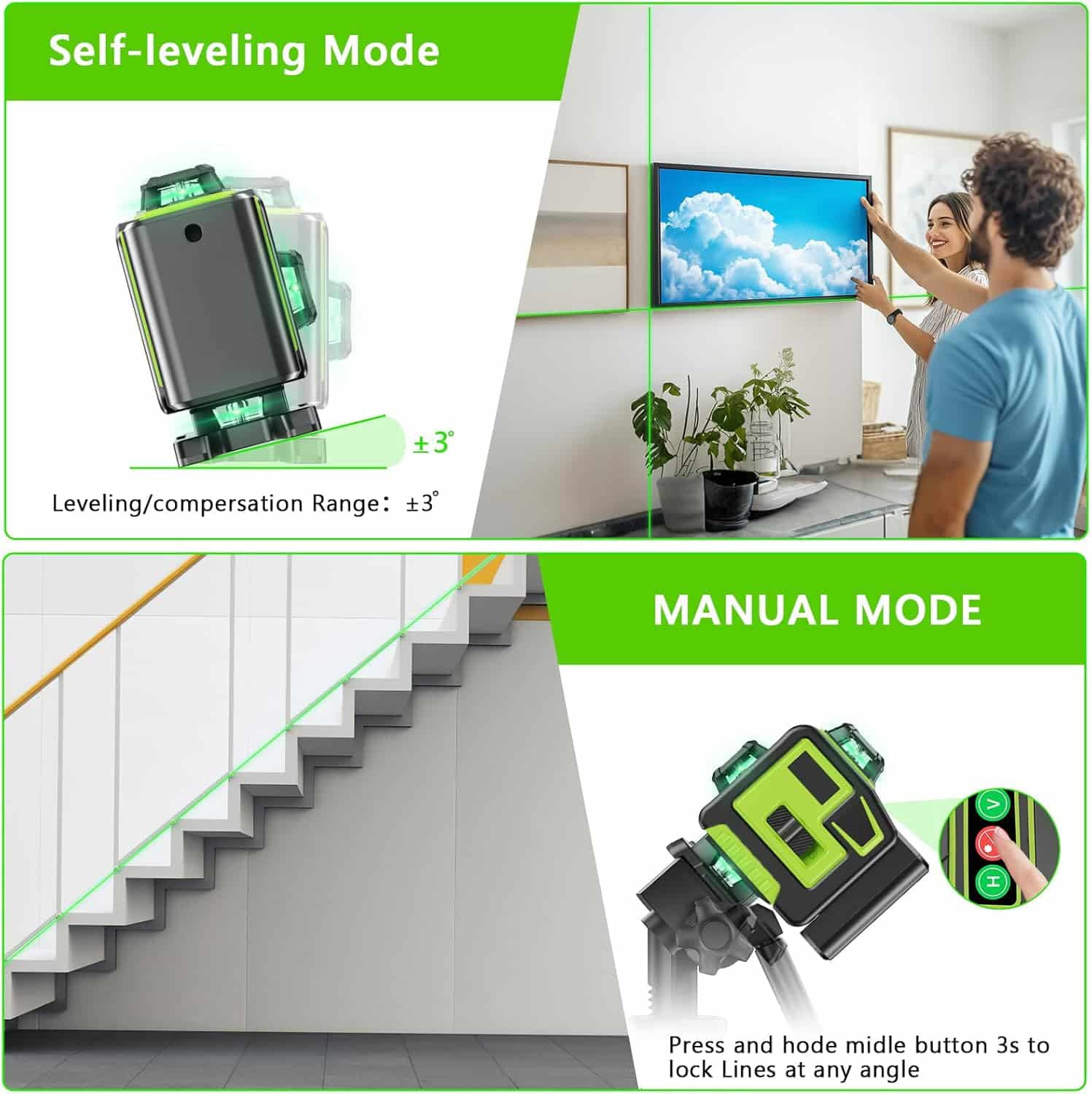 Nivel láser Profesional de 16 líneas 360 autonivelante, 4 x 360° 4D con 2 baterías y control remoto, para construcción de suelos de baldosas y colgar cuadros