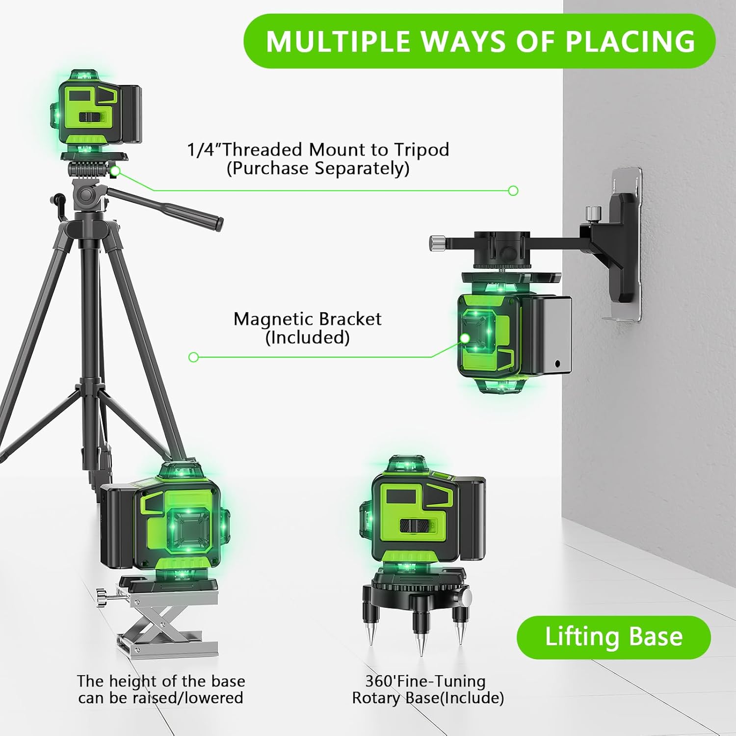 Nivel láser Profesional de 16 líneas 360 autonivelante, 4 x 360° 4D con 2 baterías y control remoto, para construcción de suelos de baldosas y colgar cuadros