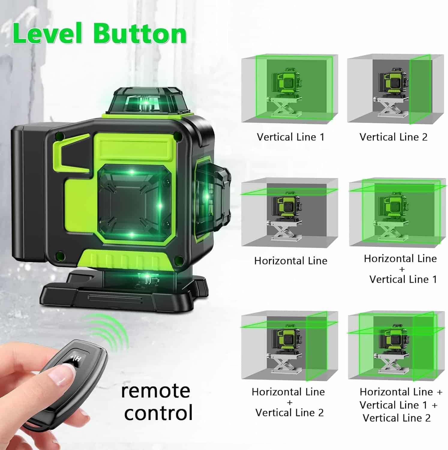 Nivel láser Profesional de 16 líneas 360 autonivelante, 4 x 360° 4D con 2 baterías y control remoto, para construcción de suelos de baldosas y colgar cuadros