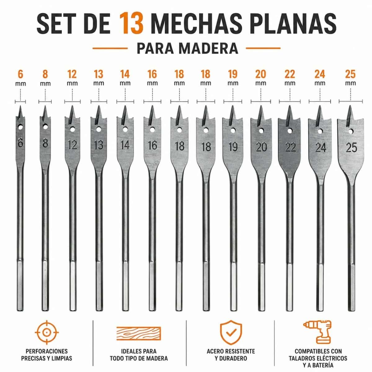 Set 12 Mechas Planas Para Madera, 6-28mm Industrial - Masaki