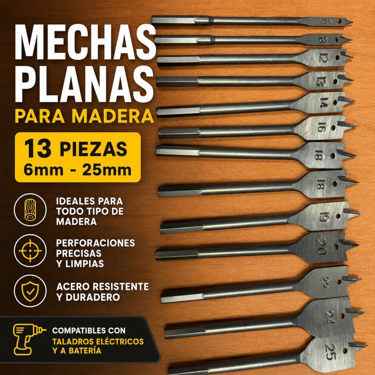 Set 12 Mechas Planas Para Madera, 6-28mm Industrial - Masaki