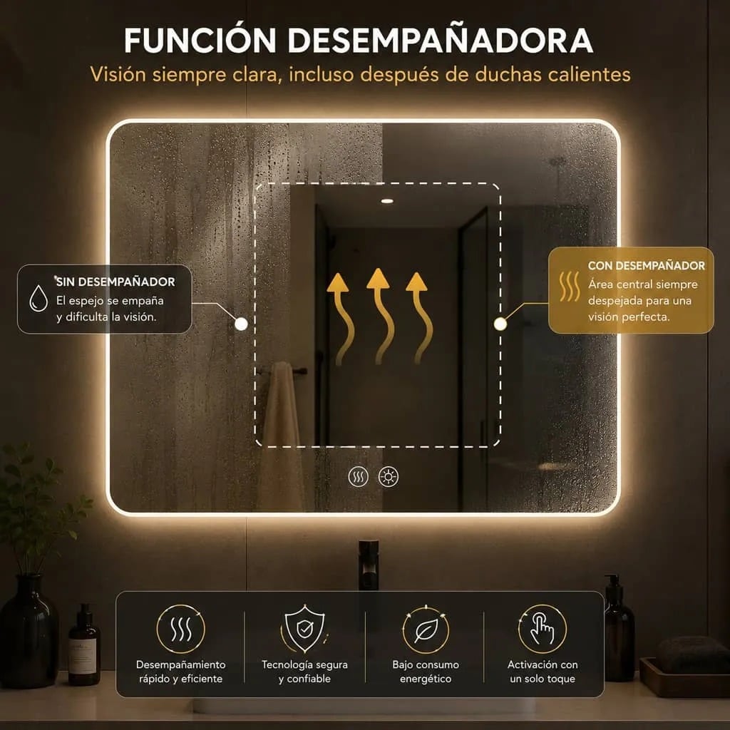 Copia - Espejo Rectangular Con Led Baño Led10 50 X 70 Cm Desempañador