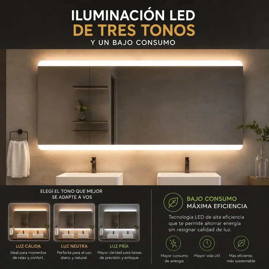 Copia - Espejo Rectangular Con Led Baño Led10 50 X 70 Cm Desempañador