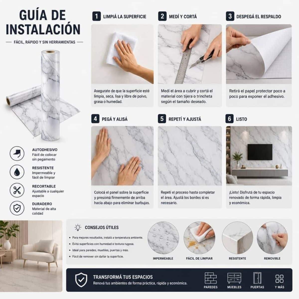 Copia - Placa Adhesiva Simil Marmol Blanco Rollo de 1.20 x 3 Metros BS-101