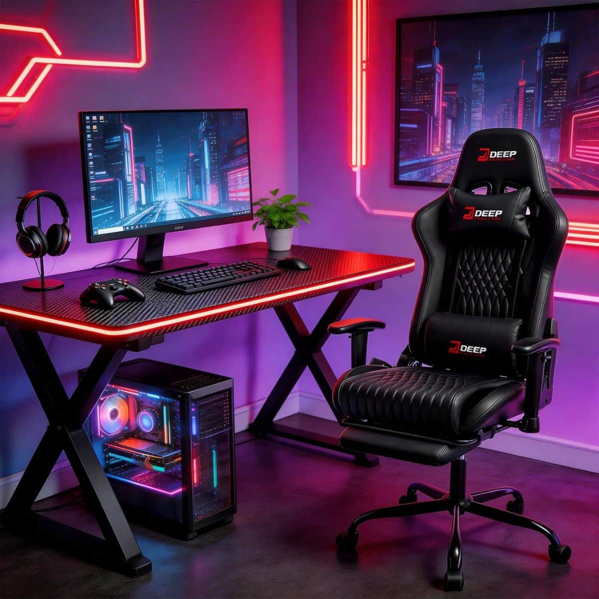 Copia - Silla Gamer Deep ergonomica con apoya pies cuero reforzado ROJA