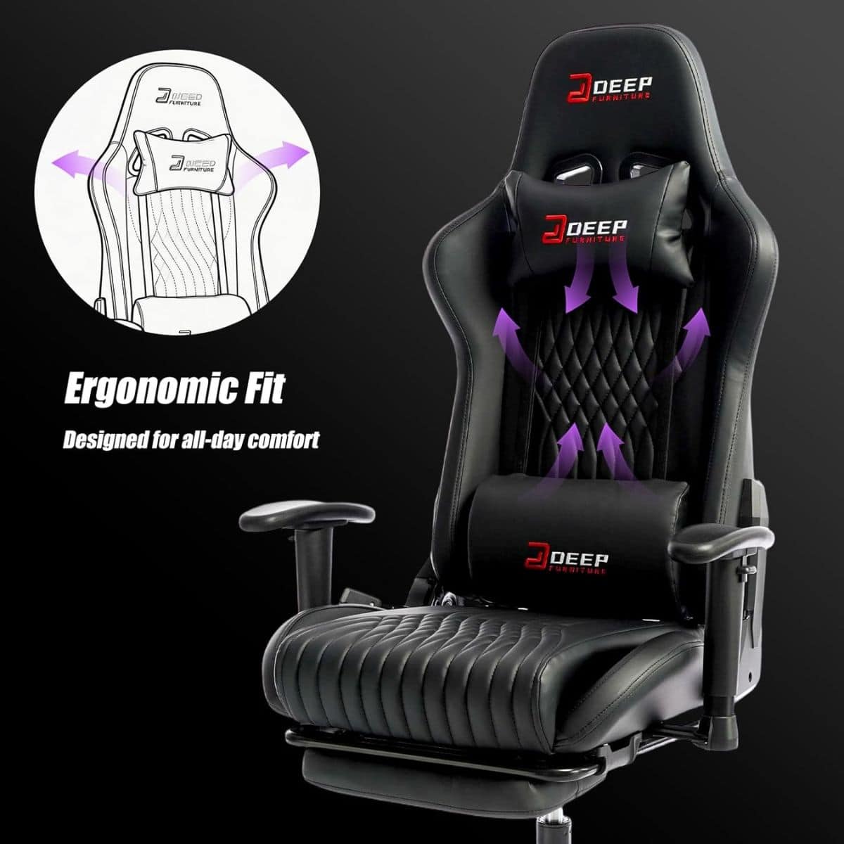 Copia - Silla Gamer Deep ergonomica con apoya pies cuero reforzado ROJA