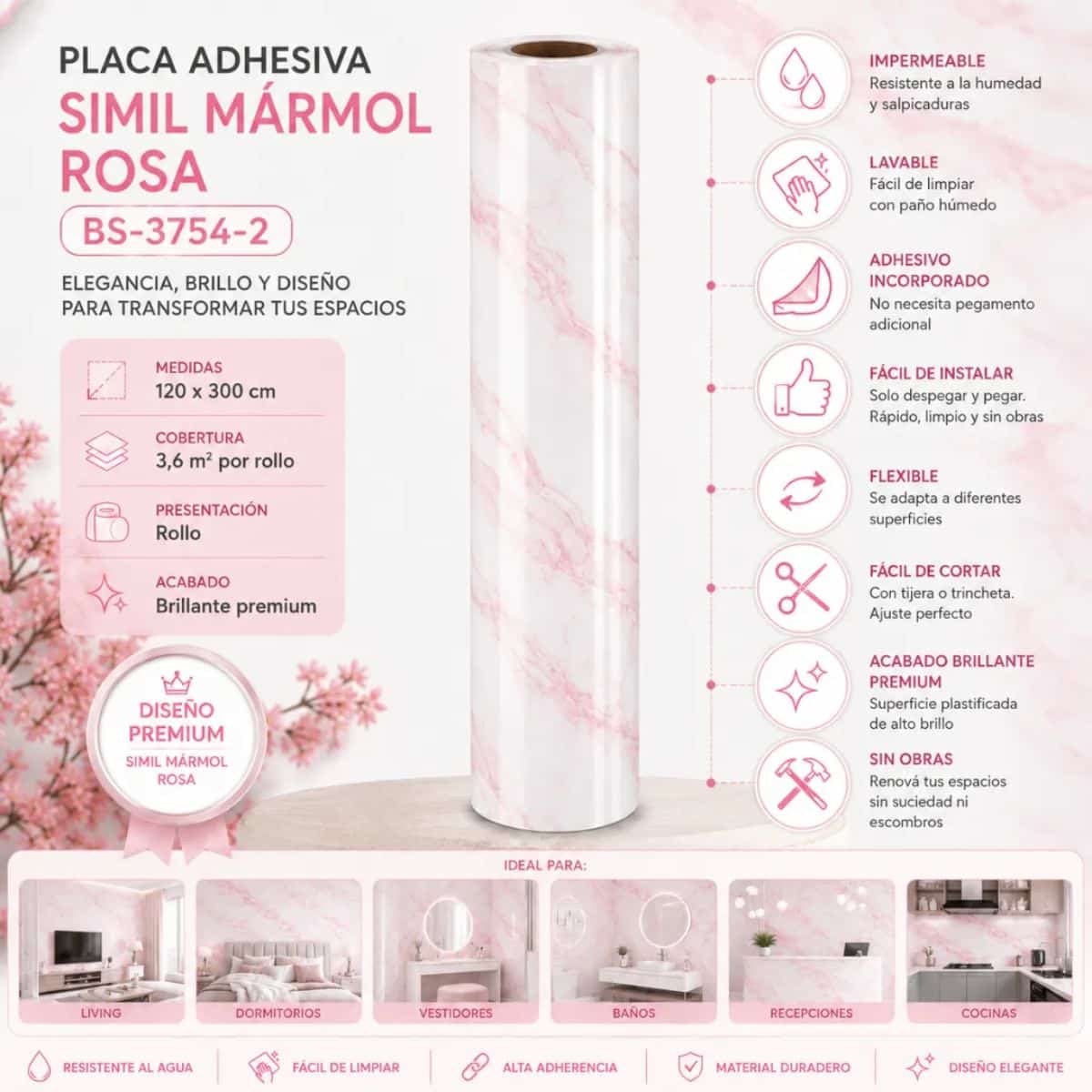 Copia - Placa Adhesiva Simil Marmol Blanco/Rosado Rollo de 1.20 x 3 Metros BS-3754-2