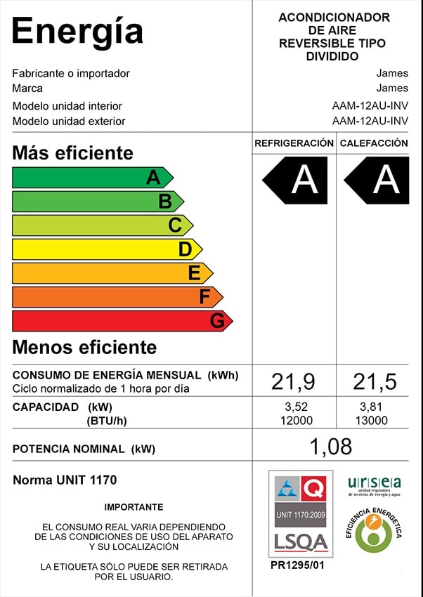 Aire acondicionado James inverter 12000 BTU Clase A Con WIFI