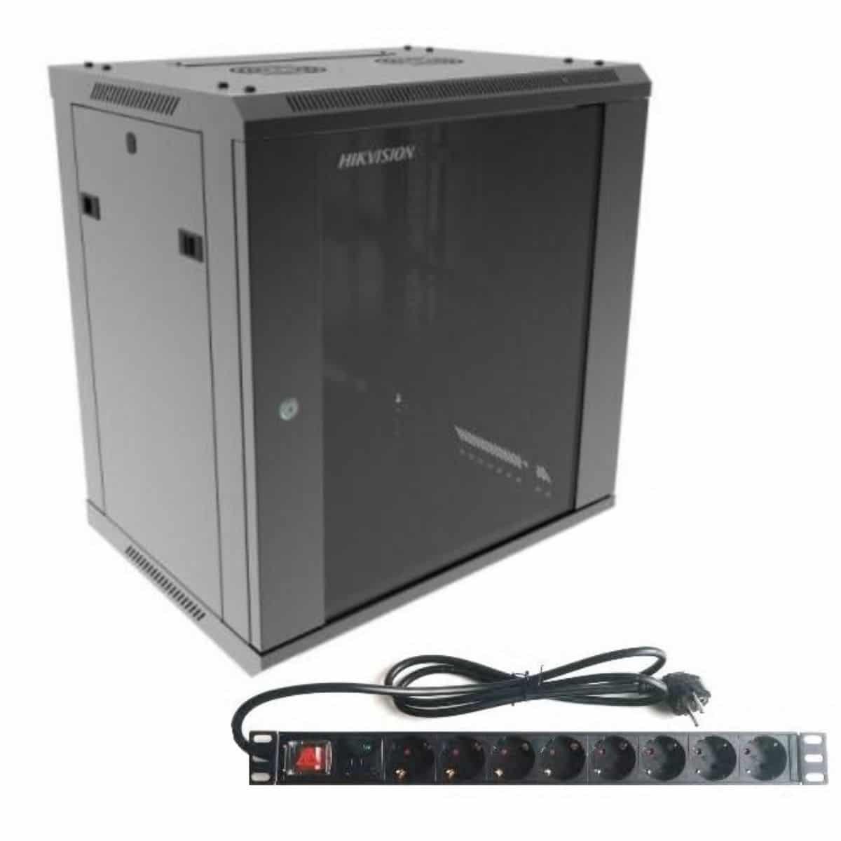 Combo Rack Hikvision 12U de Pared y PDU 8 Tomas Schuko