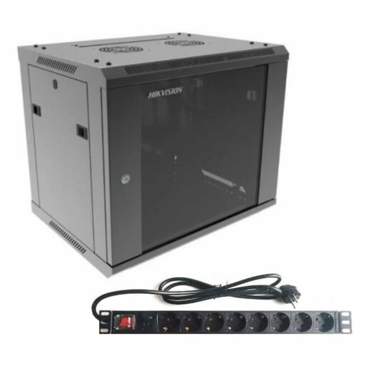 Combo Rack Hikvision 9U + PDU 8 Tomas Schuko para Pared
