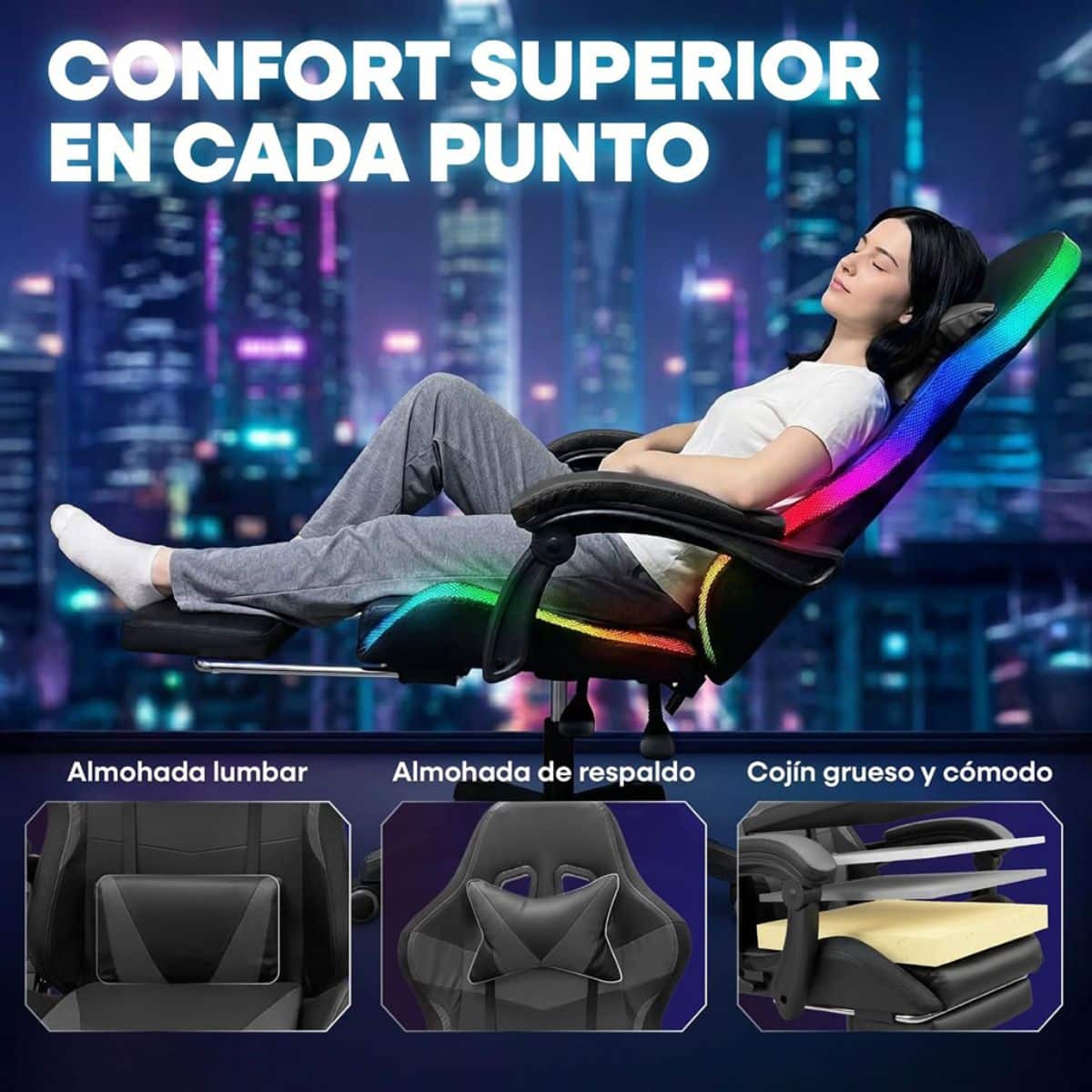 Copia - Silla Gamer HTI Ergonómica Luces RGB Apoyapíes y Parlantes Negra
