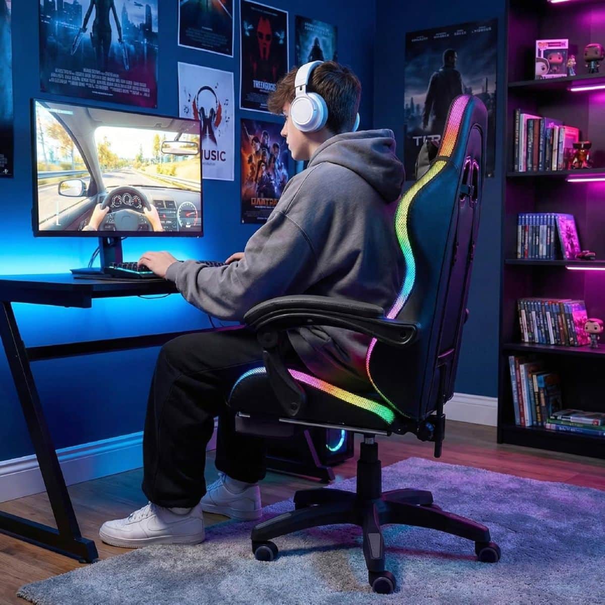 Silla Gamer HTI Ergonómica Luces RGB Apoyapíes Parlantes Neg