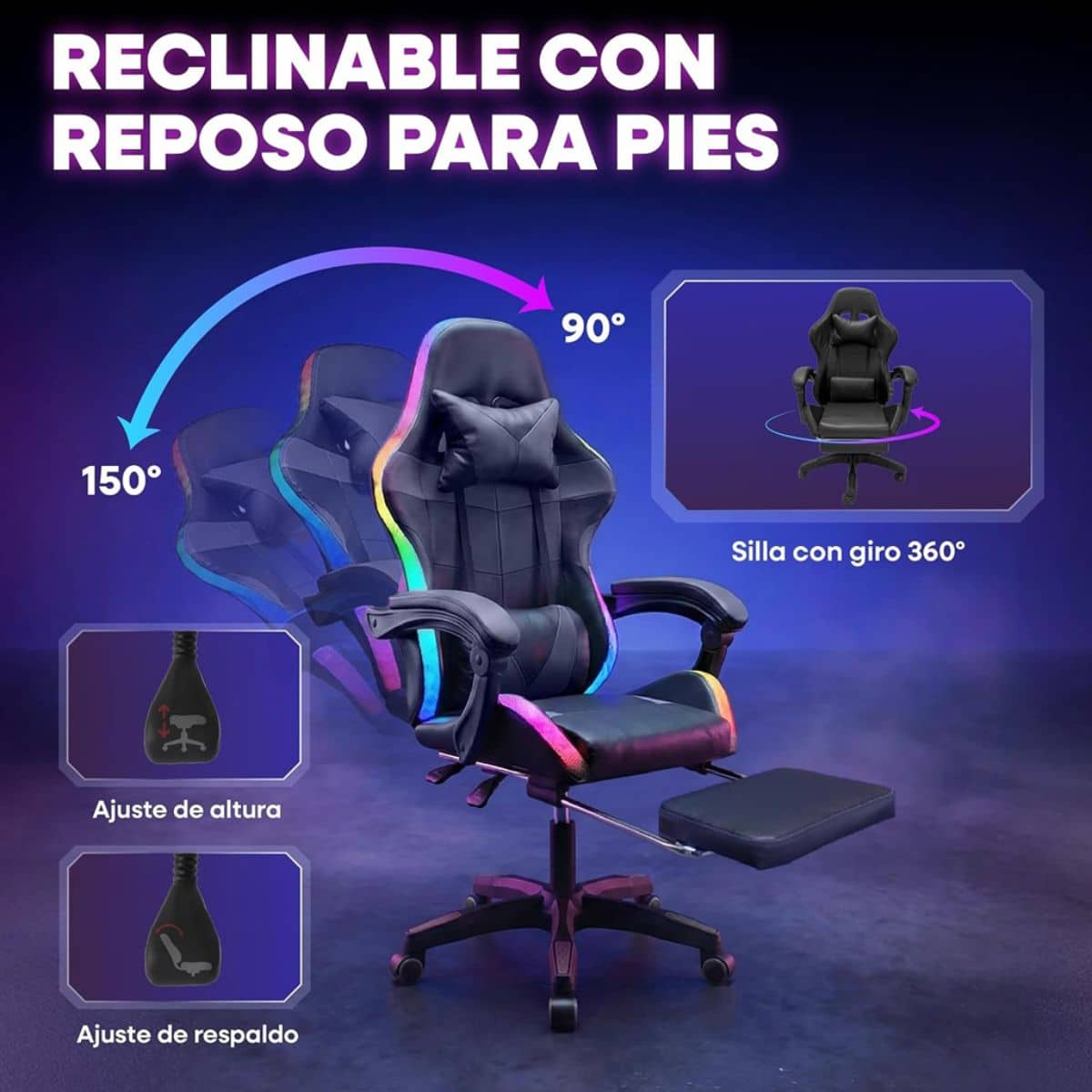 Silla Gamer HTI Ergonómica Luces RGB Apoyapíes Parlantes Neg